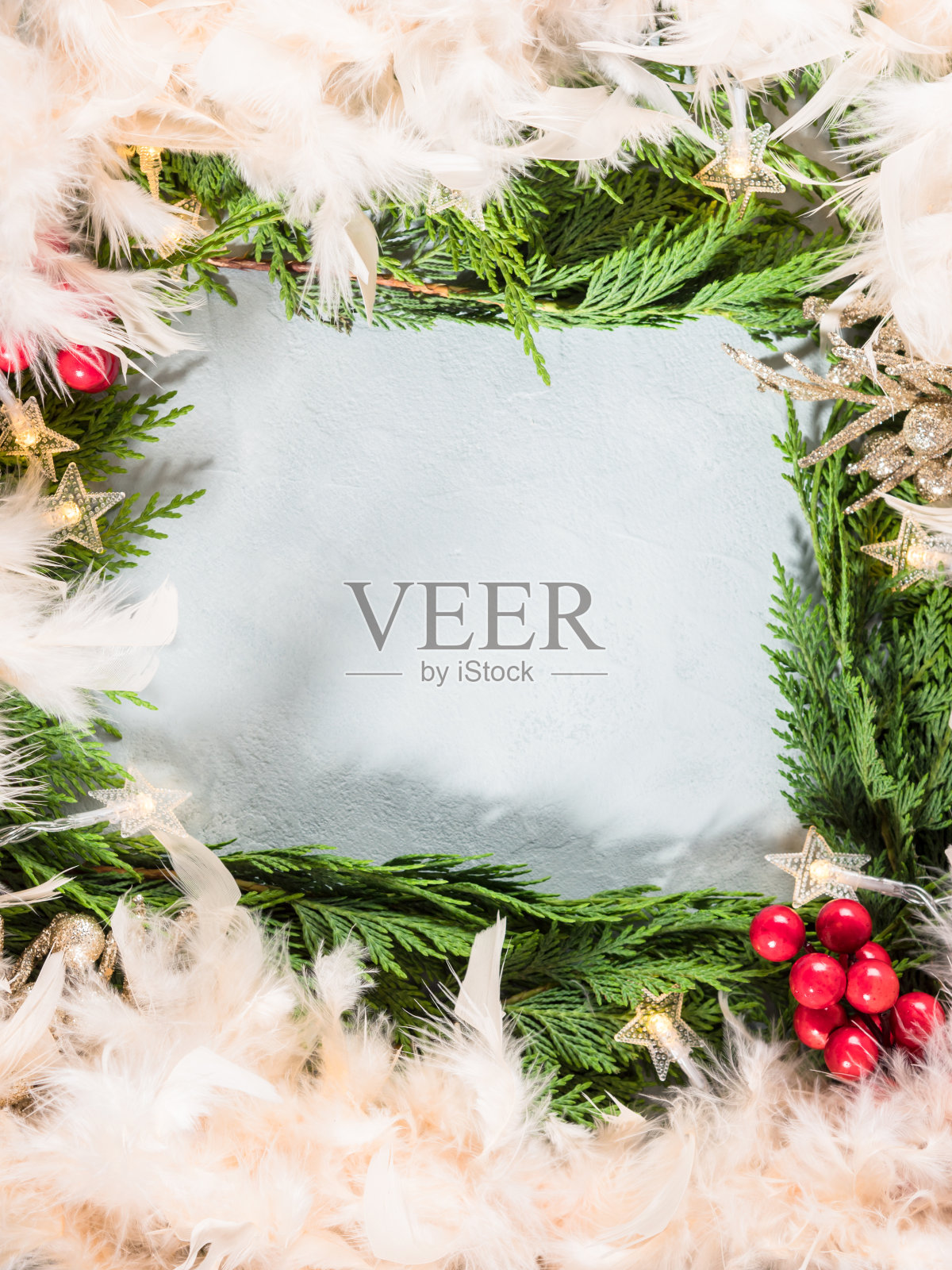 优雅的圣诞框架与金红色装饰，星形灯照片摄影图片