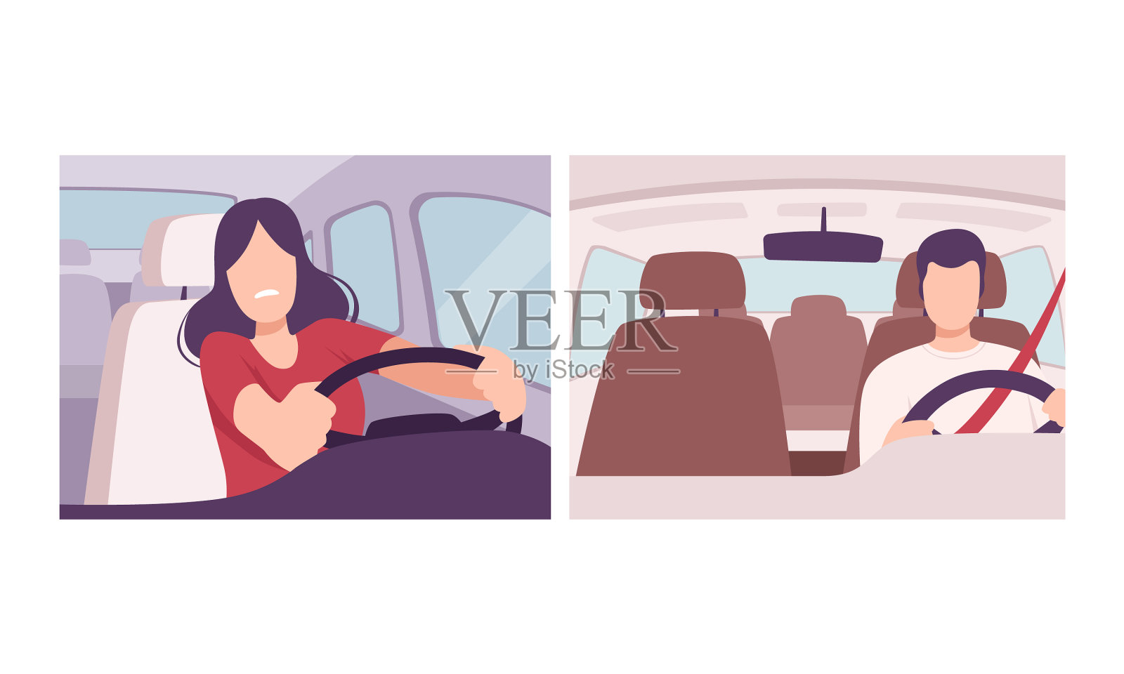 一个男人和一个女人坐在驾驶座上开车插画图片素材