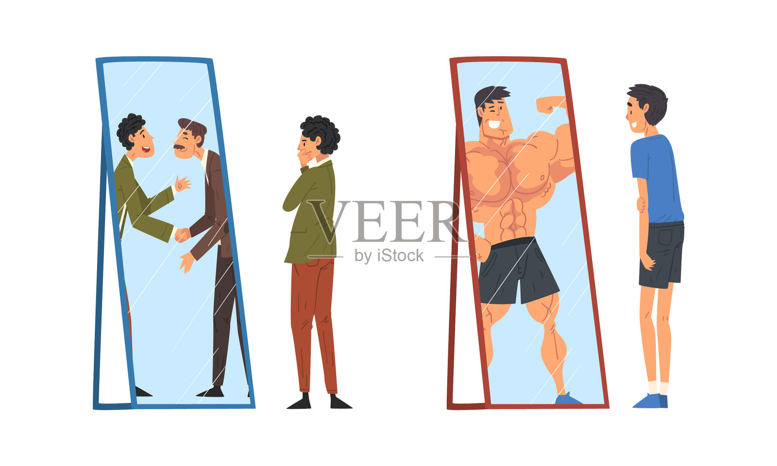 一个男人站在镜子前看着自己插画图片素材