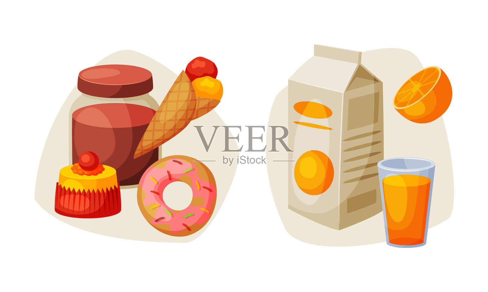 甜点配冰淇淋，纸盒配橙汁设计元素图片