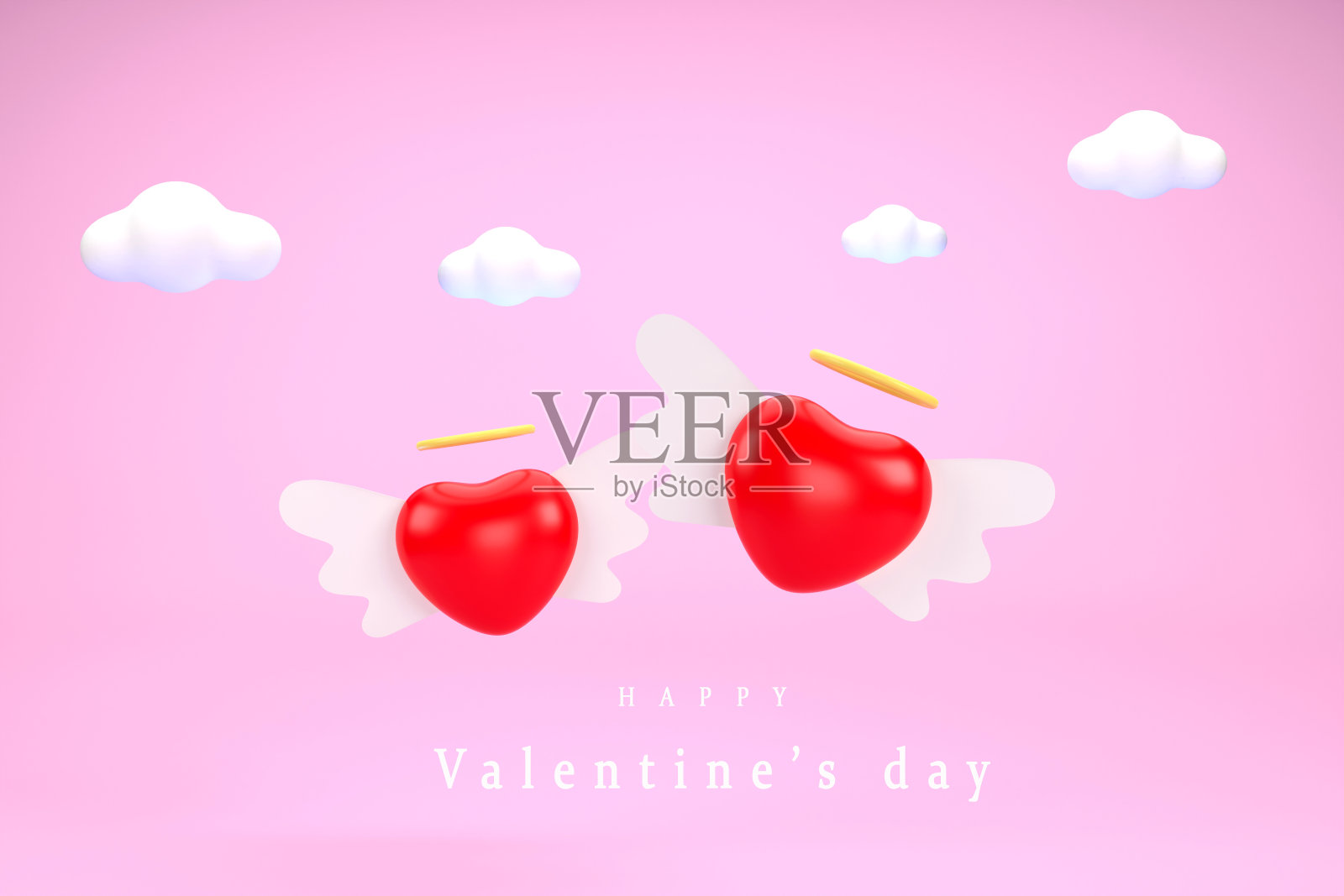 红色天使的心和翅膀在粉红色的背景。情人节的概念。照片摄影图片