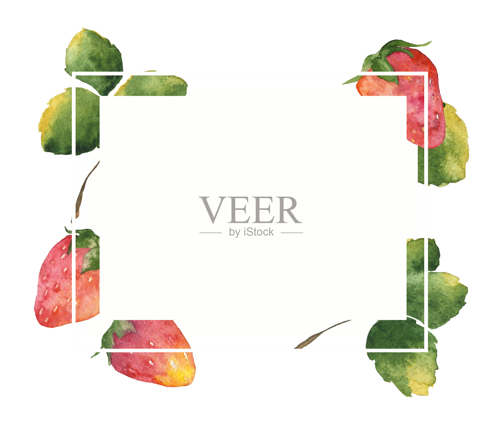 草莓健康有机食品框架水彩画风格。水彩画手画野生水果的背景，纹理，包装图案或菜单。浆果和树叶剪贴画。副本的空间。插画图片素材