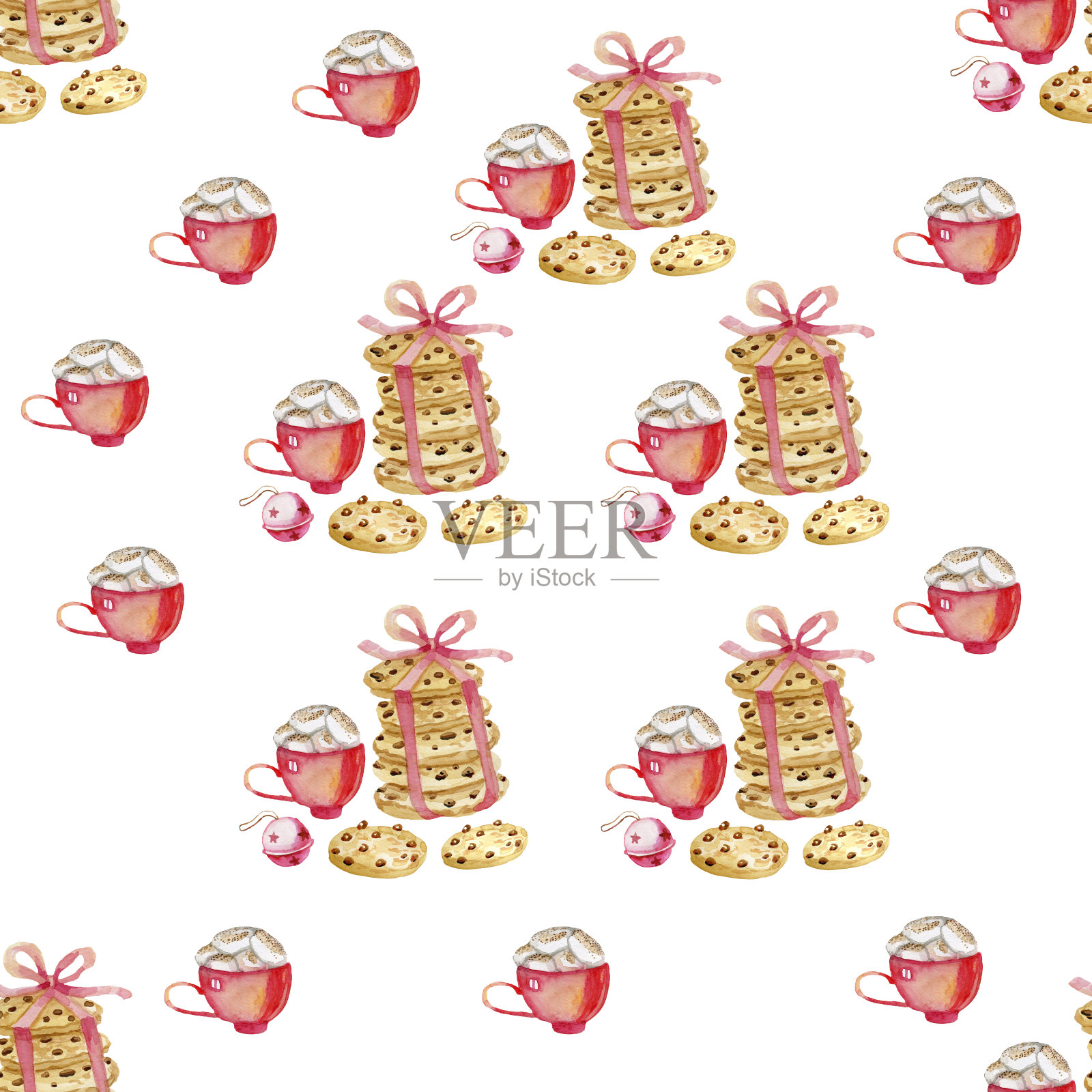 饼干咖啡水彩手工无缝图案包装纸织物插画图片素材