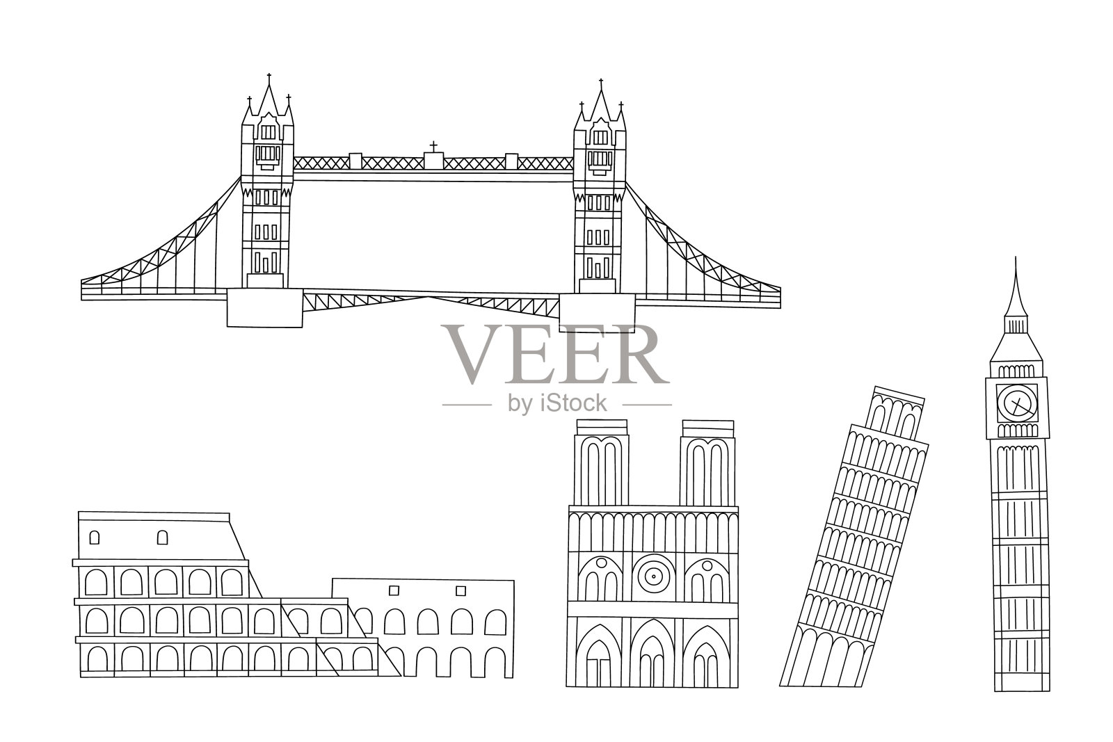矢量线手绘插图与著名的世界地标。隔离在白色背景上插画图片素材