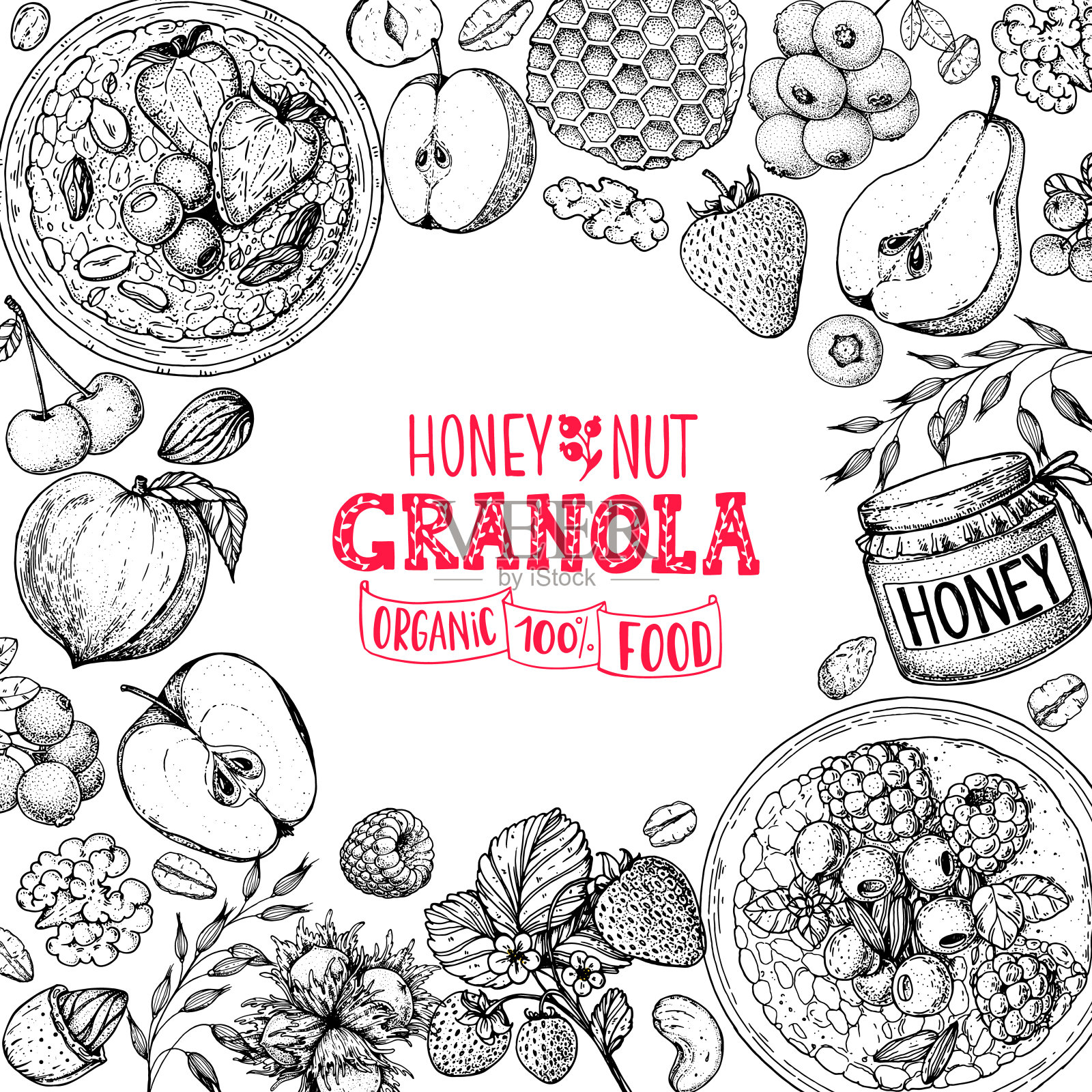 燕麦成分说明。燕麦片，浆果，水果和坚果手绘草图。早餐顶视图框架。早餐菜单设计。手绘矢量插图。插画图片素材