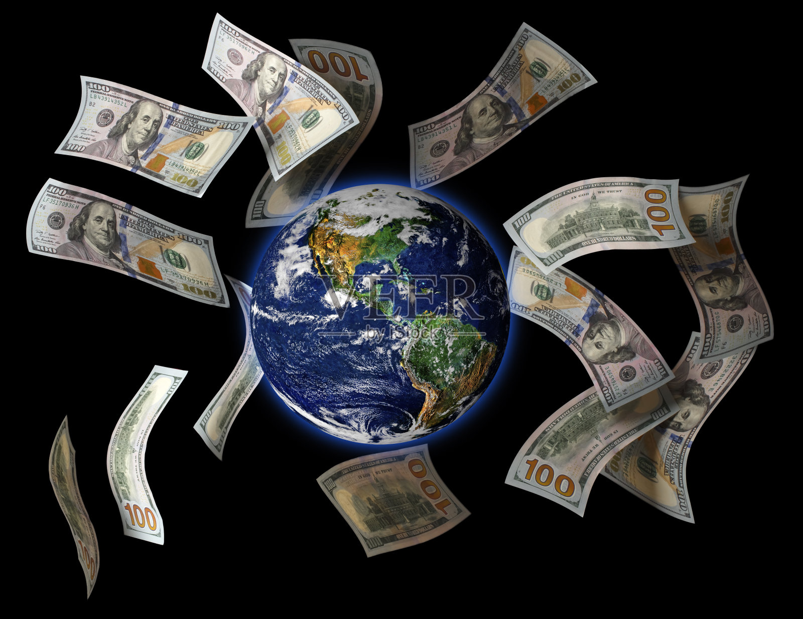 美元钞票(100美元钞票)环绕地球飞行照片摄影图片