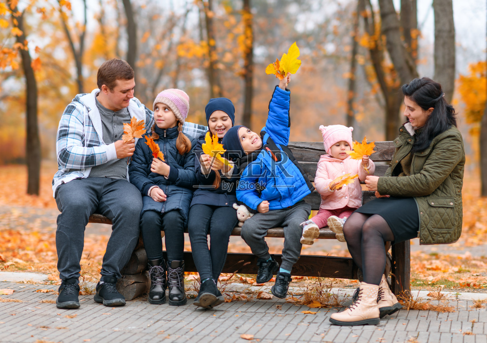 一个家庭和孩子们在一个秋天的城市公园里的画像-快乐的人们一起坐在木凳上，在美丽的黄叶背景下摆姿势照片摄影图片