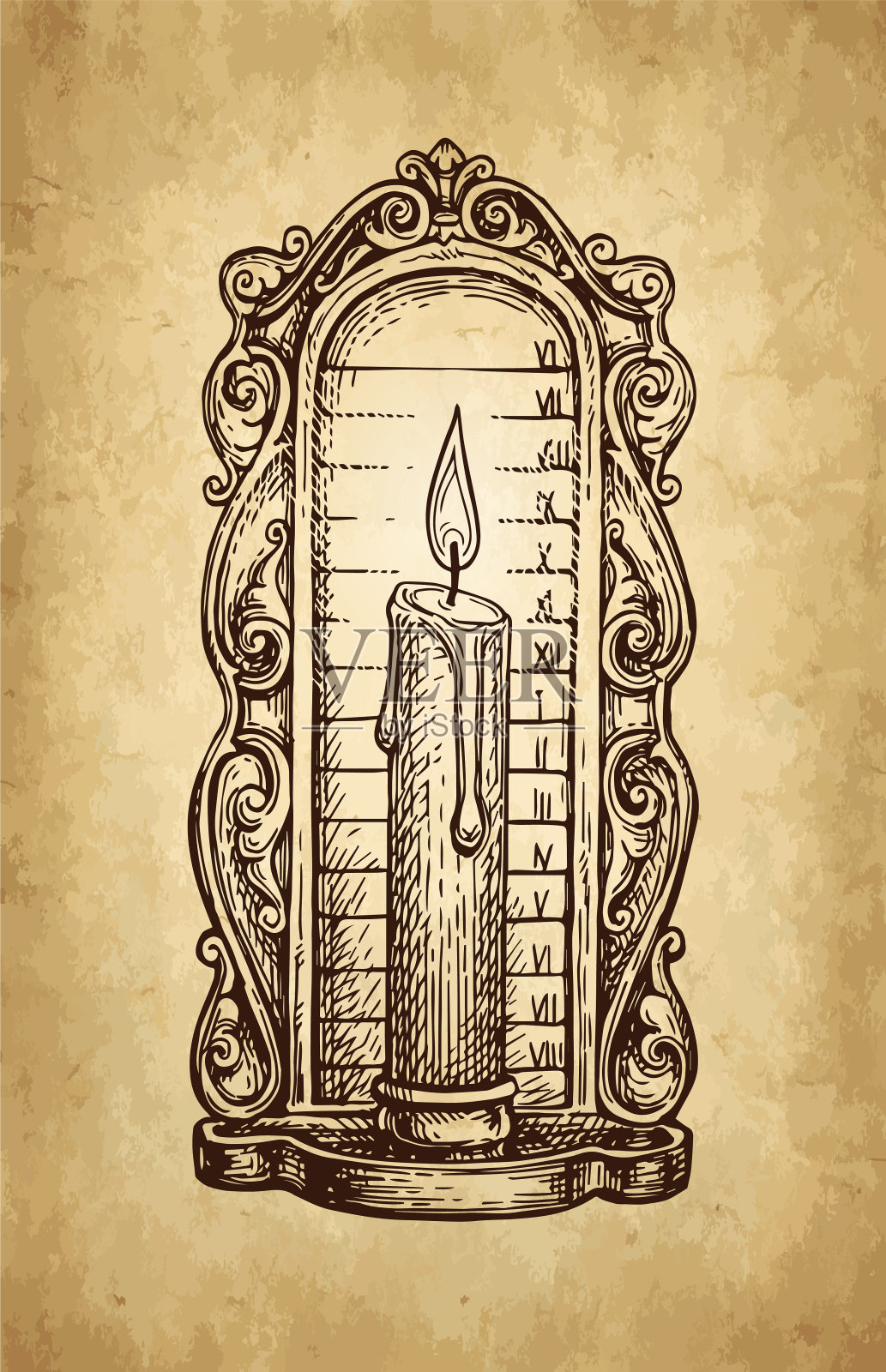 蜡烛钟的墨水素描。插画图片素材