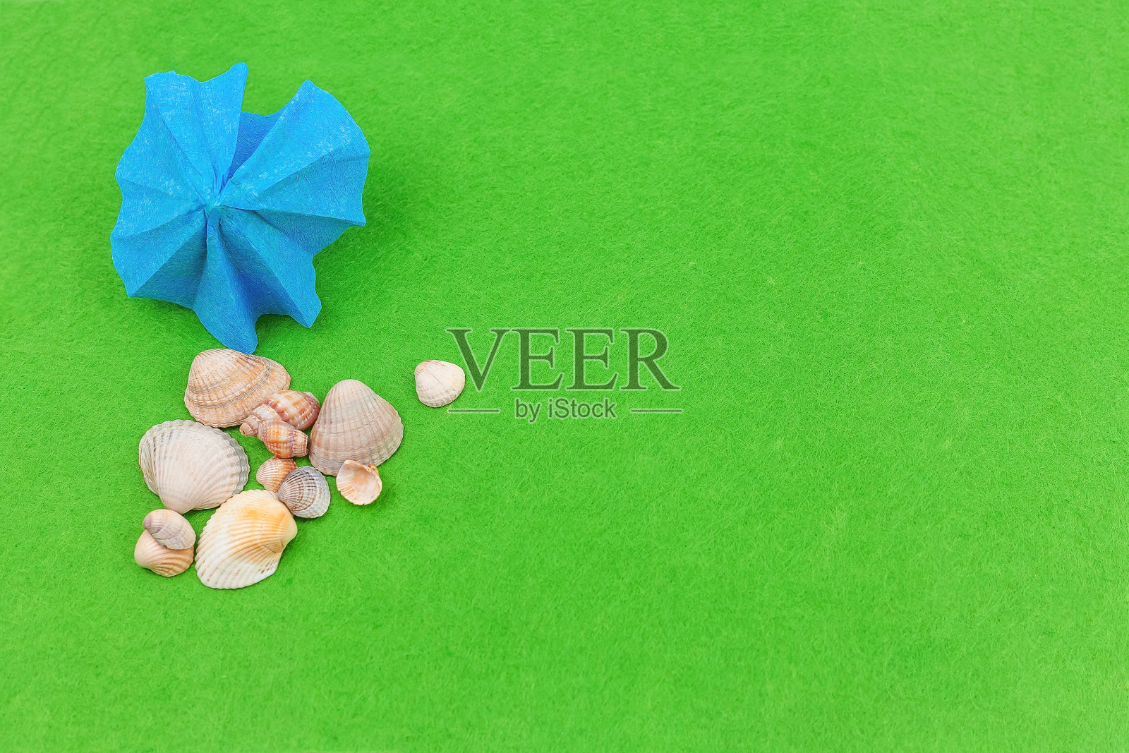 三个蛋白派贝壳在绿色的背景上。照片摄影图片