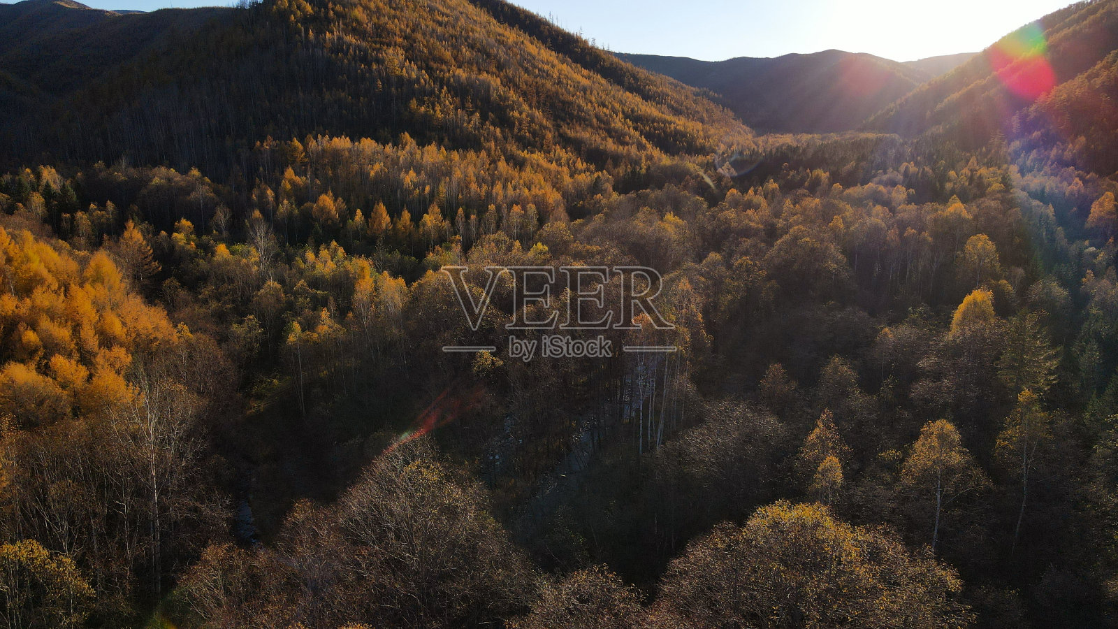 鸟瞰图的山脊，山谷，森林，阳光下的金秋河流，日落，俄罗斯，Bureinsky山脊，Kholdomi(树以上)照片摄影图片