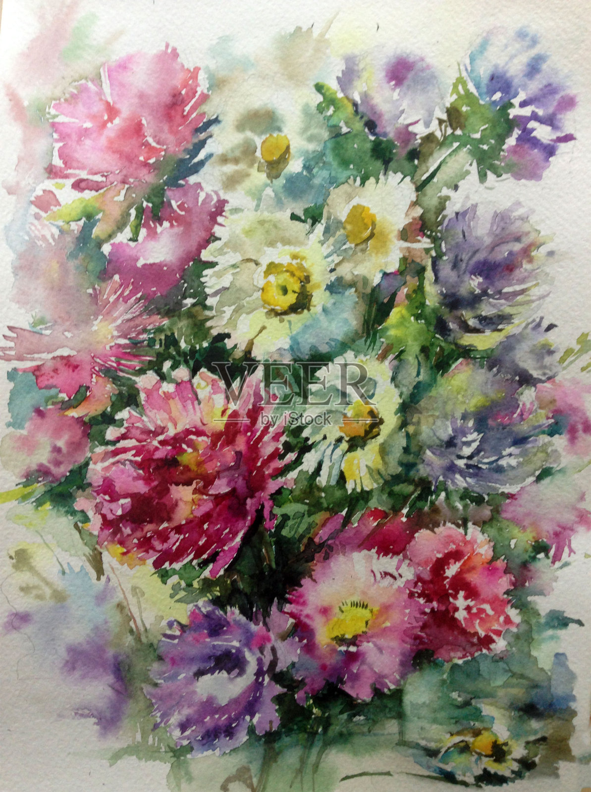 抽象鲜艳的装饰背景。花图案手工制作。美丽、温柔、浪漫的夏日紫菀花插画图片素材