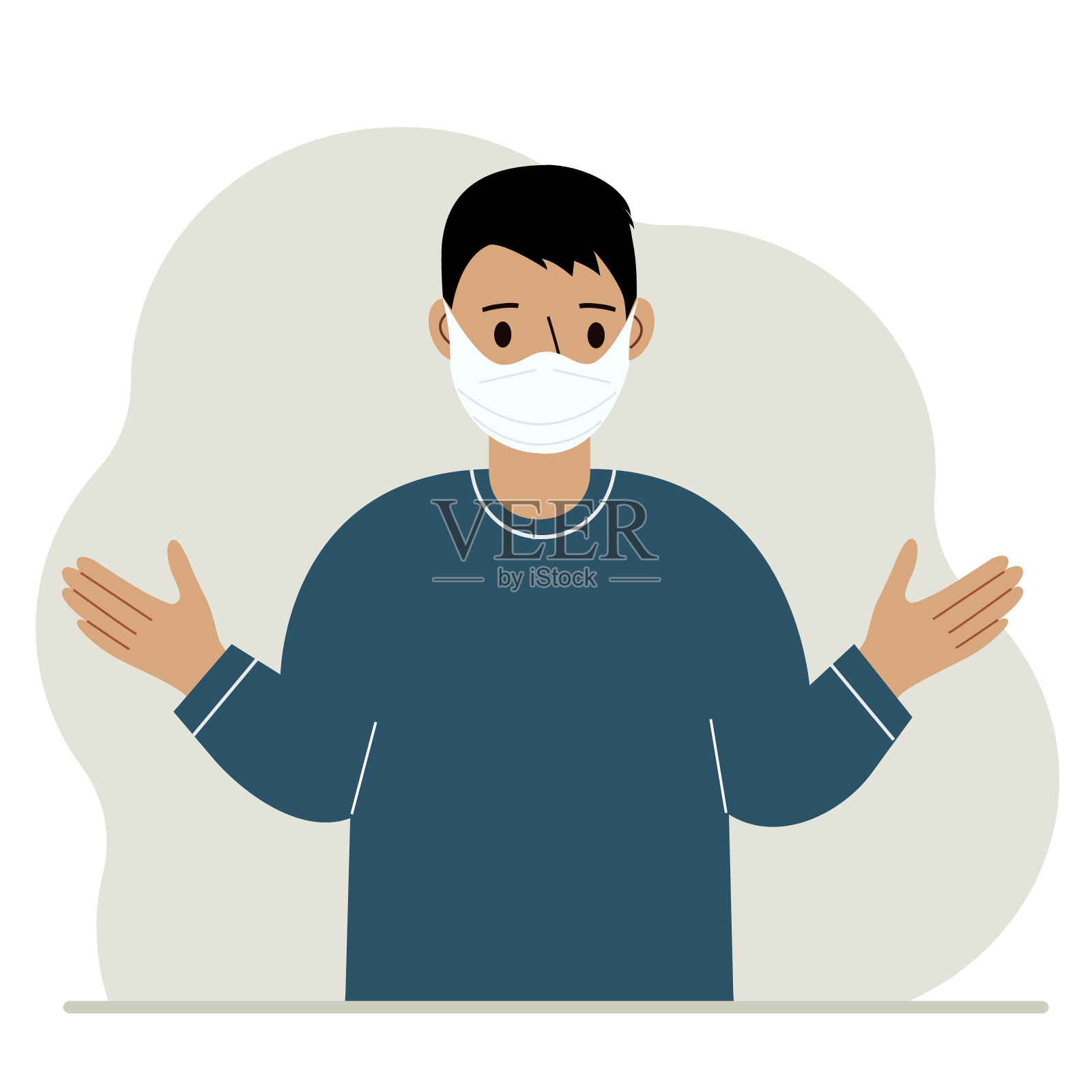 一个戴着医用防护口罩的男人这名男子戴着防护服，抵御病毒、城市空气污染、烟雾、蒸汽和污染气体排放。插画图片素材