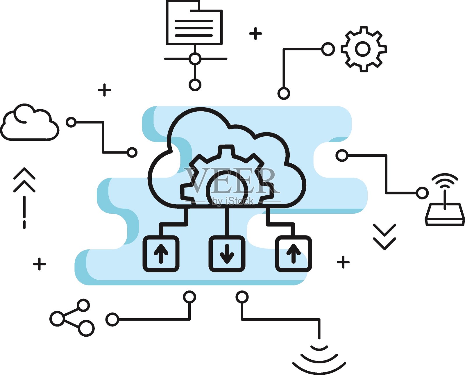 云服务器网络设置图例，机器配置和传输矢量图标设计，云计算和Web托管服务符号，云服务器节点概念，插画图片素材