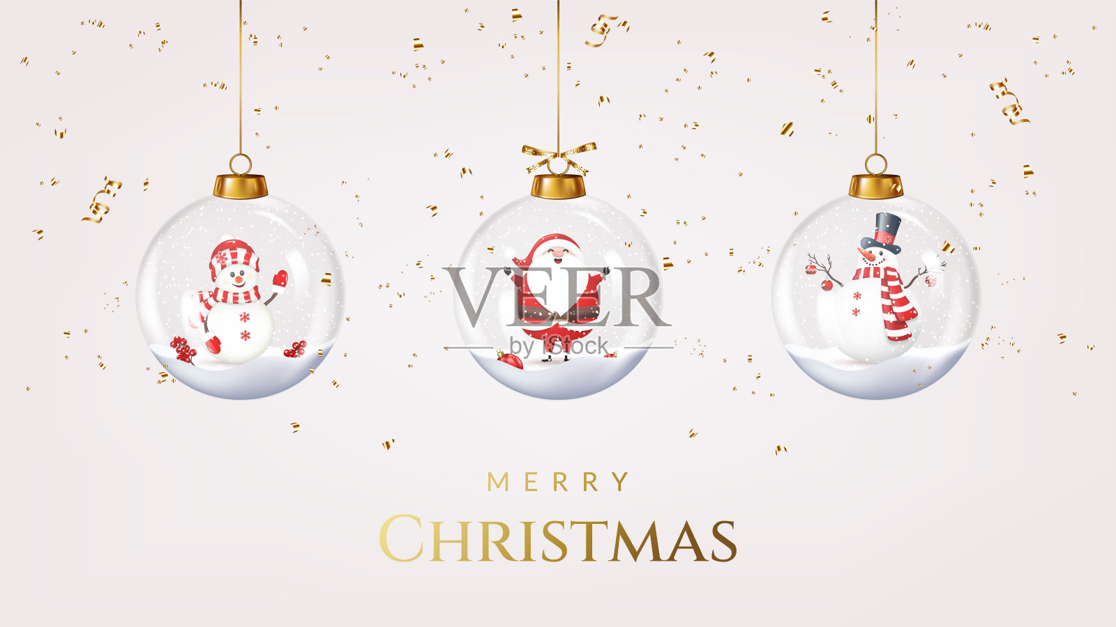 圣诞贺卡与球与雪人和圣诞老人和五彩纸屑。插画图片素材