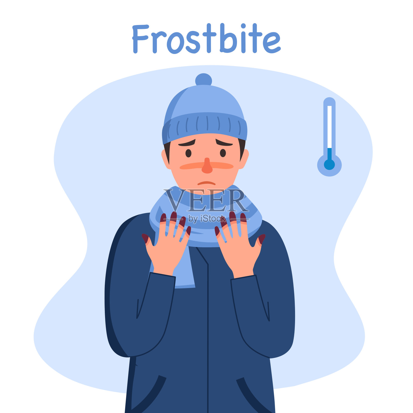 遭受冻伤的人。在冬季的平面设计中，手冻僵的家伙。皮肤烧伤症状。插画图片素材