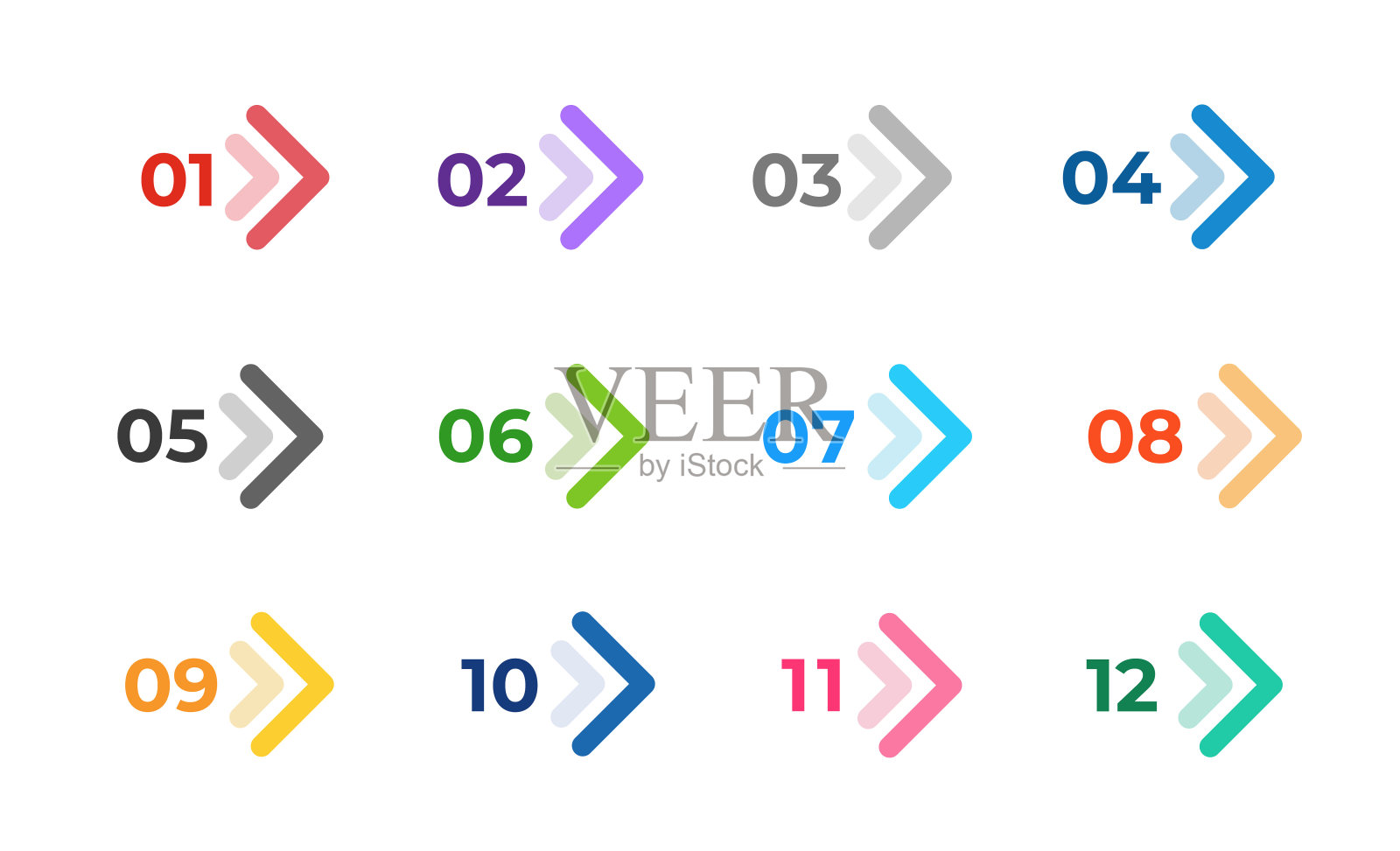 彩色箭头孤立在白色。方向编号从1到12插画图片素材