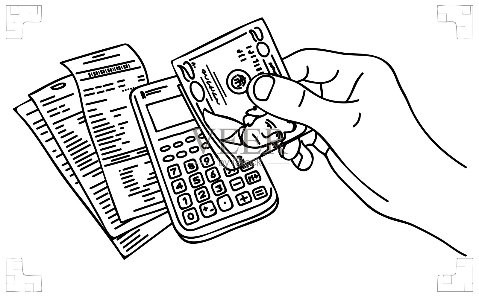 背景上有现金，计算器和发票。支付税收。发票付款。成本计算。预算计划。计算利润。费用。素描,向量插画图片素材