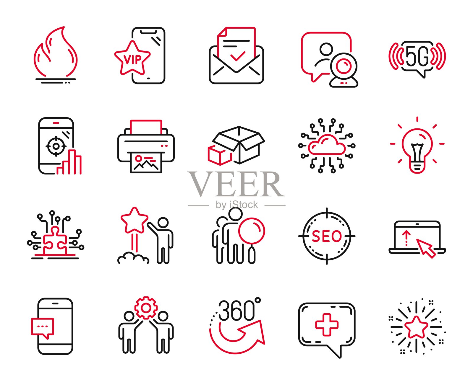 向量集的技术图标与智能手机信息，明星和Seo电话。向量图标素材