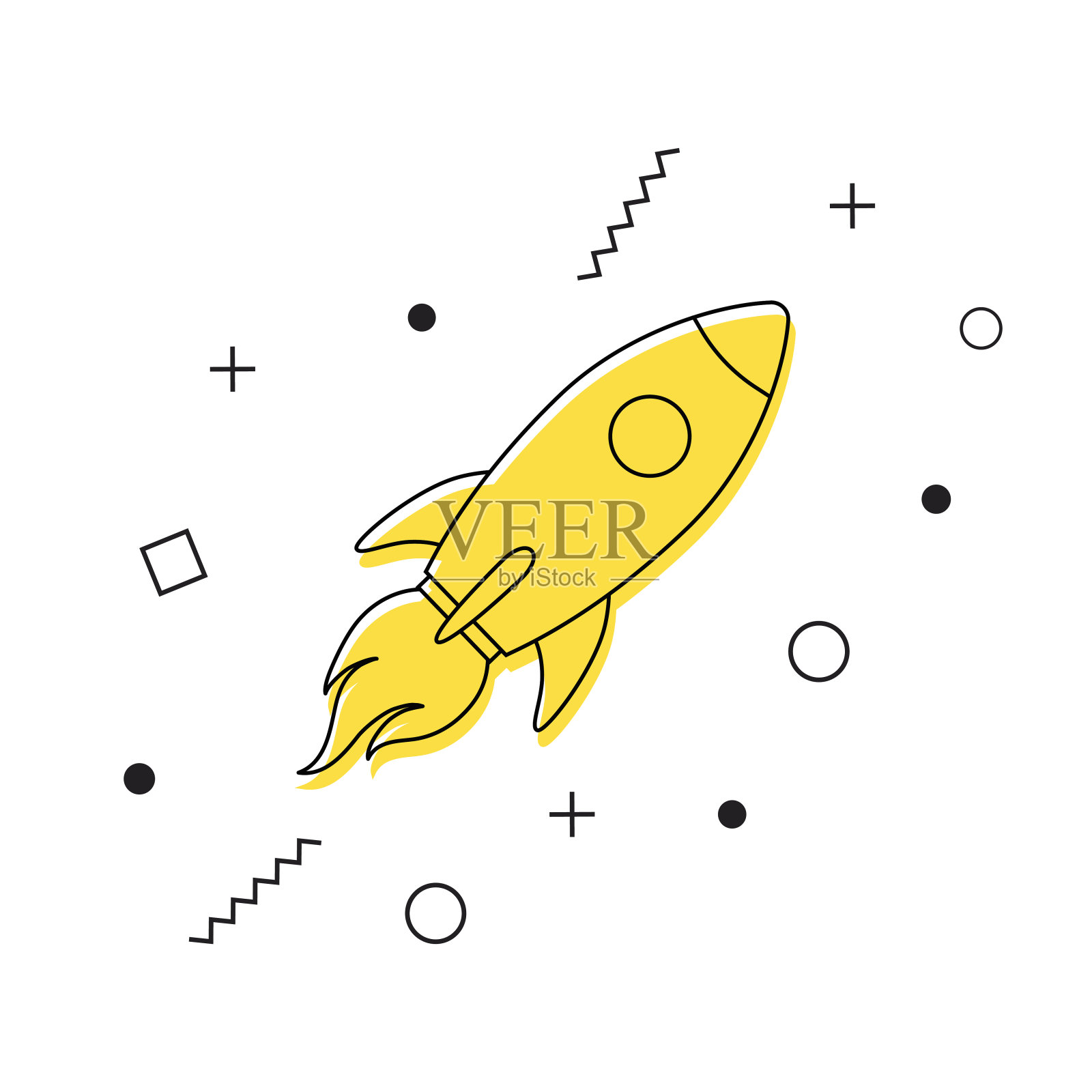 火箭矢量图标与几何形状的白色背景。太空火箭发射。新项目启动概念。市场上的商业产品概念。向量插画图片素材