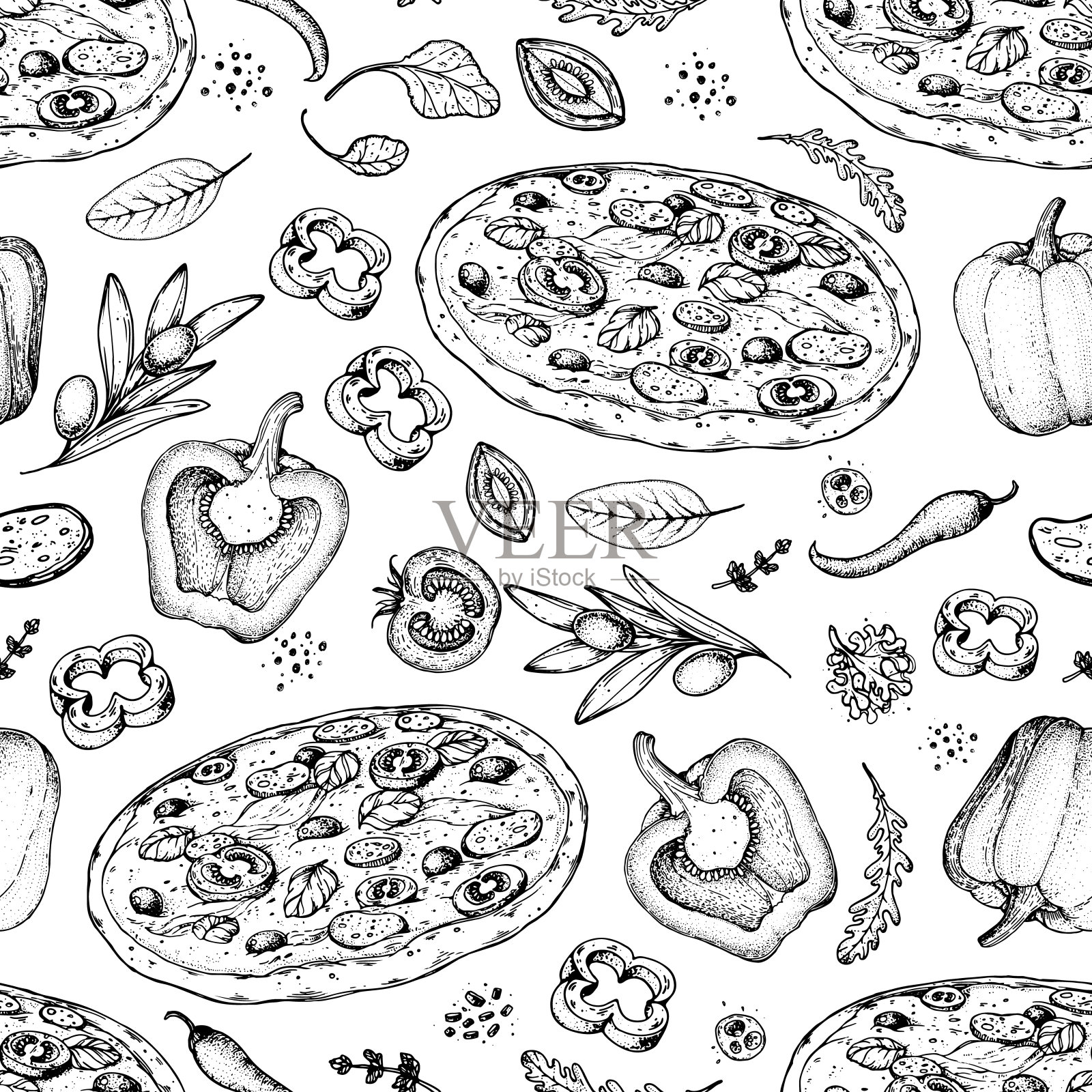 意大利披萨和配料。无缝模式。意大利菜菜单设计模板。披萨店菜单设计模板。复古手绘草图矢量插图。雕刻的形象。插画图片素材