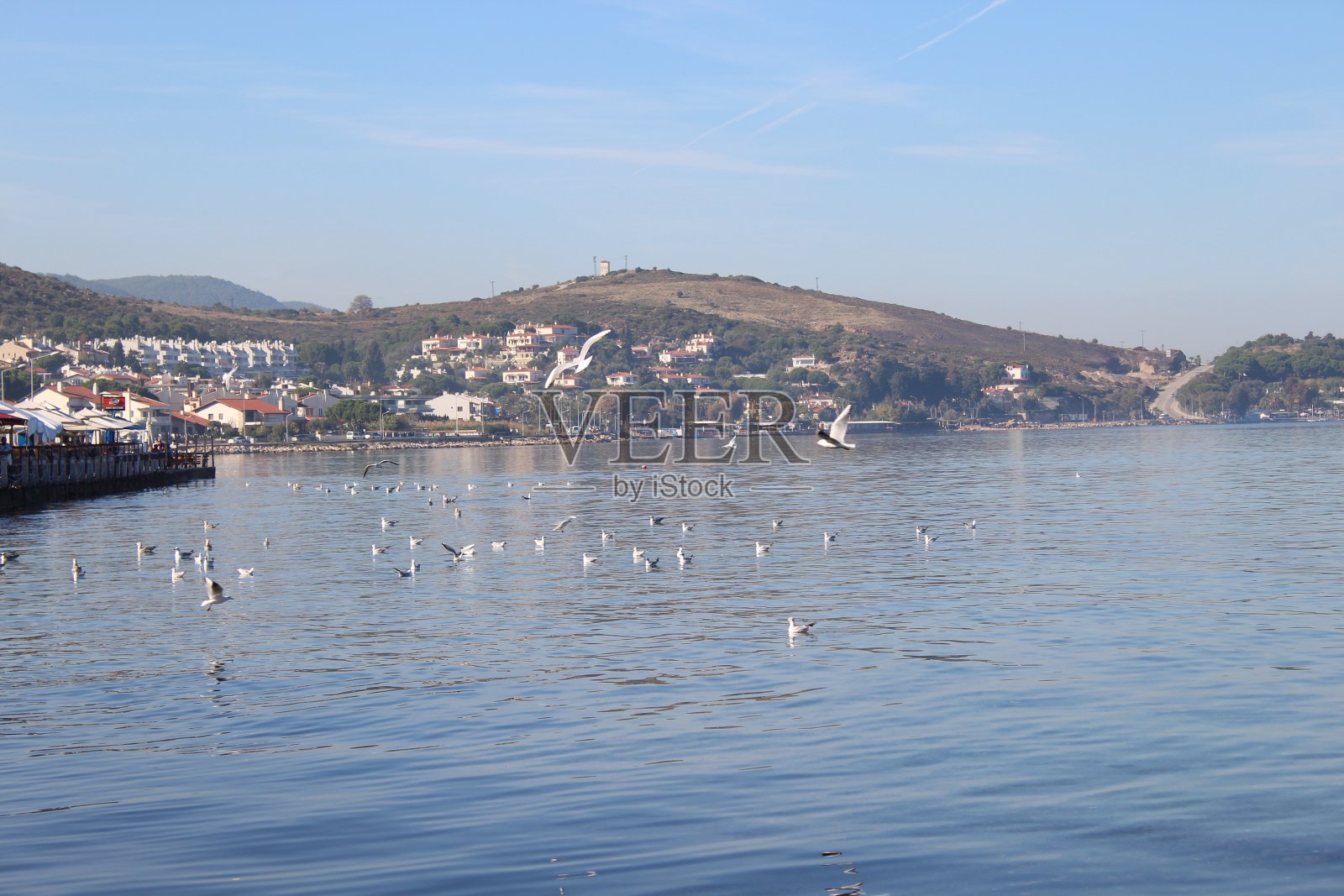 从Çeşmealtı， İzmir，土耳其的风景与海鸥和咖啡馆照片摄影图片