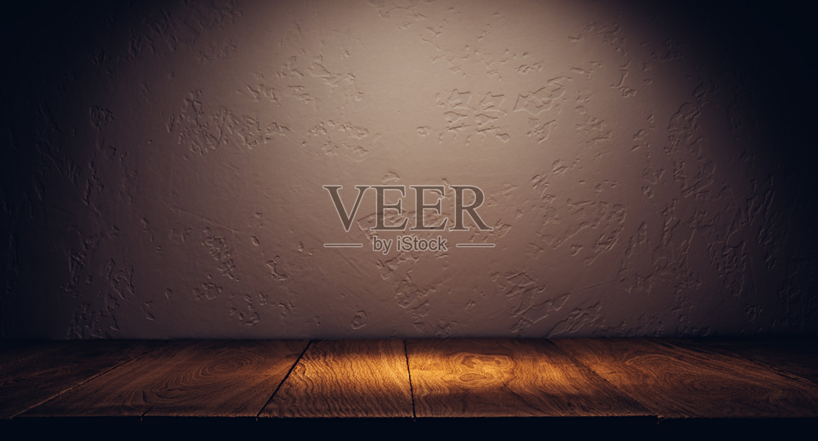 橡木板讲台或桌子在黑暗中与石墙照片摄影图片