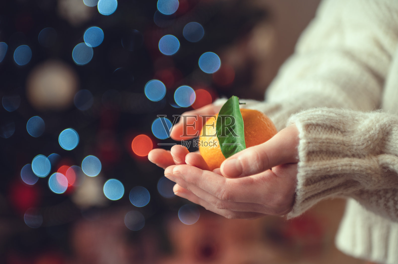 孩子们手拿着针织毛衣，手里拿着新鲜的桔子，叶子是绿色的，背景是散景照片摄影图片