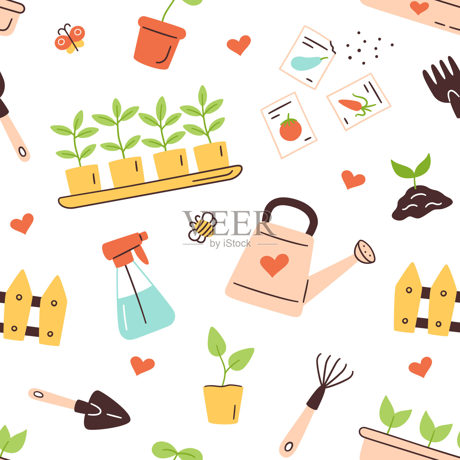 无缝模式与种子和幼苗。萌发的芽。种植用的工具和花盆。春天播种工作。矢量插图在白色背景插画图片素材