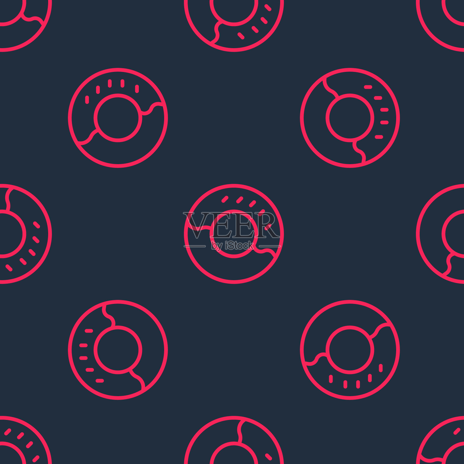 红线甜甜圈与甜釉图标孤立无缝图案黑色背景。向量图标素材