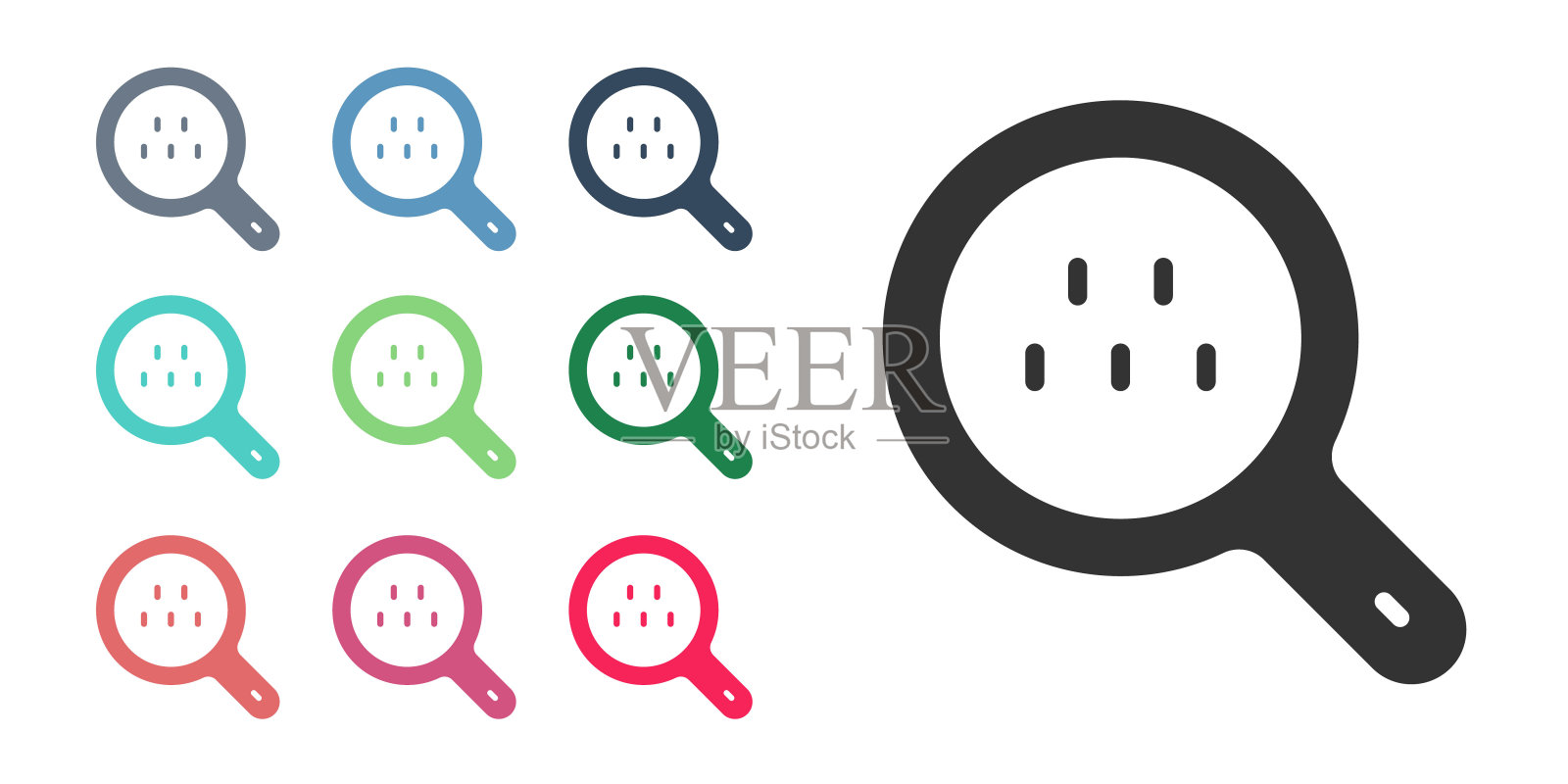 黑色放大镜和出租车图标孤立的白色背景。出租车搜索。设置图标丰富多彩。向量图标素材