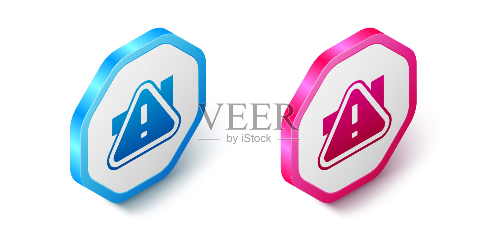 等距感叹号在三角形图标孤立的白色背景。危险警示标志，小心、注意，危险警示重要。六角按钮。向量图标素材