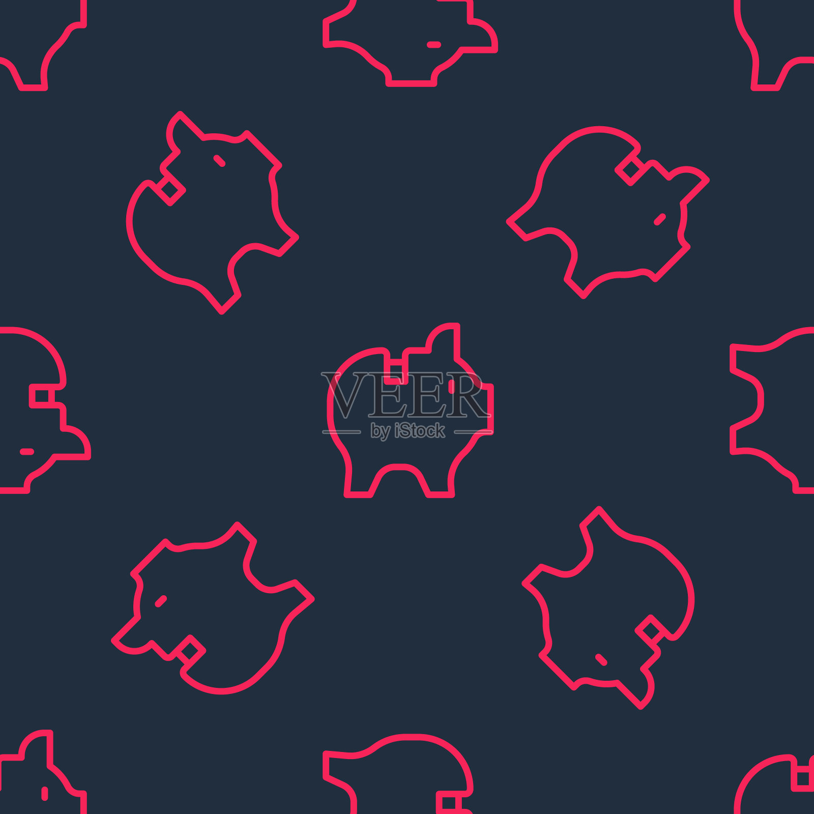 红线小猪银行图标孤立无缝图案黑色背景。图标储蓄或积累资金，投资。向量插画图片素材