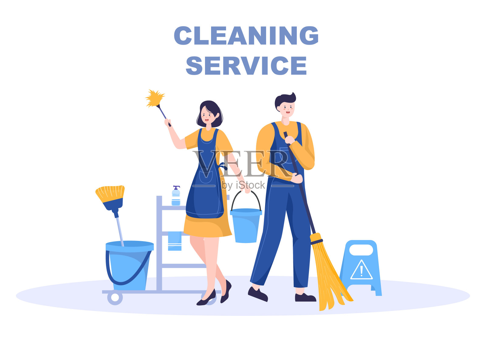 清洁服务平台设计插图。人们在房子里吸尘，擦灰尘和清扫地板作为背景，横幅或海报插画图片素材