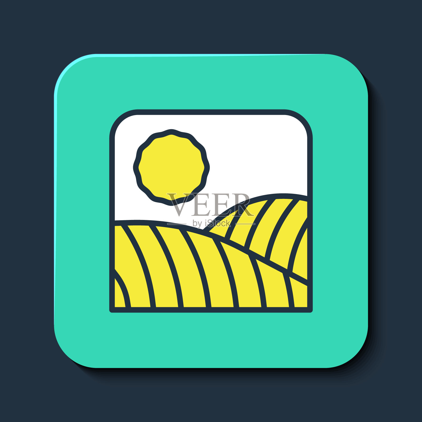 填充轮廓农业麦田农场农村自然景观景观图标孤立在蓝色背景。绿松石平方按钮。向量图标素材