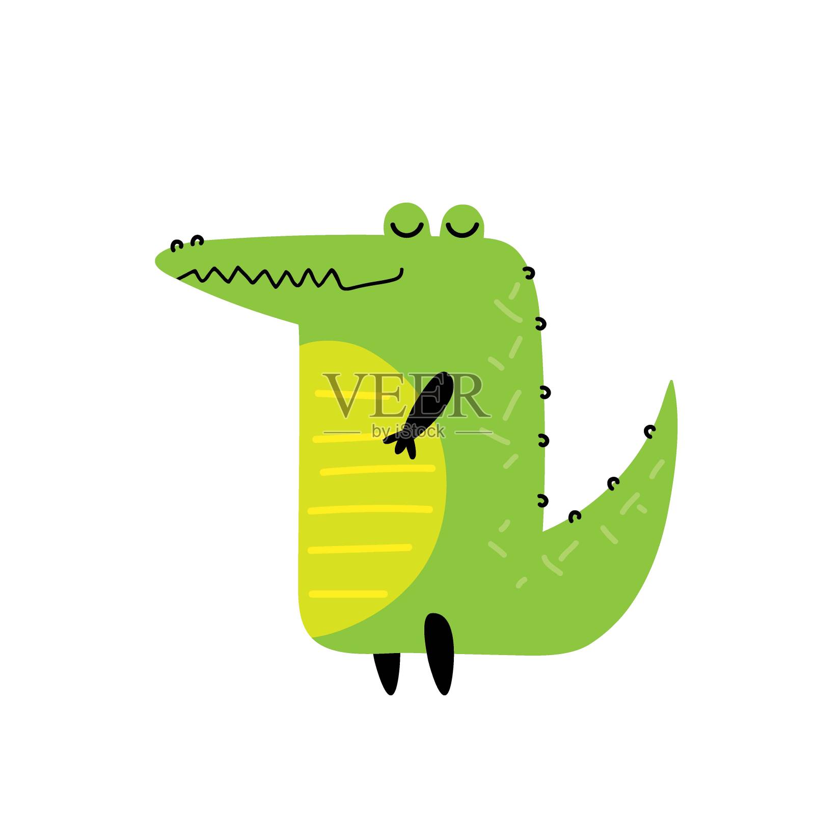 卡通鳄鱼。矢量手绘插图在白色背景。可爱的卡通人物。好微笑的鳄鱼。绿色人工爬行动物。用于托儿所、卧室装饰。插画图片素材