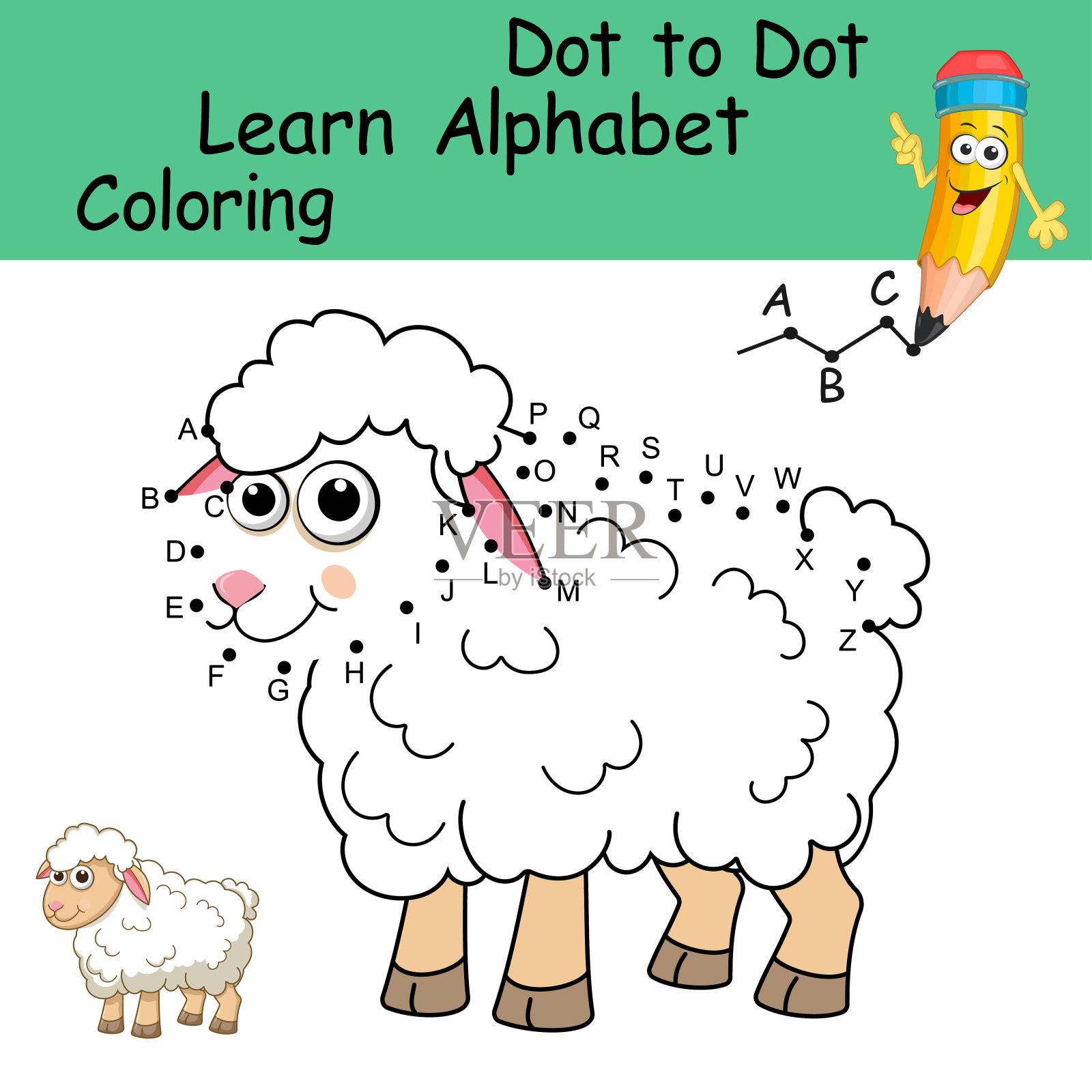 点对点的游戏与字母的孩子。和可爱的卡通羊一起学习英文大写字母。幼儿园逻辑游戏和着色页。字母练习表。插画图片素材
