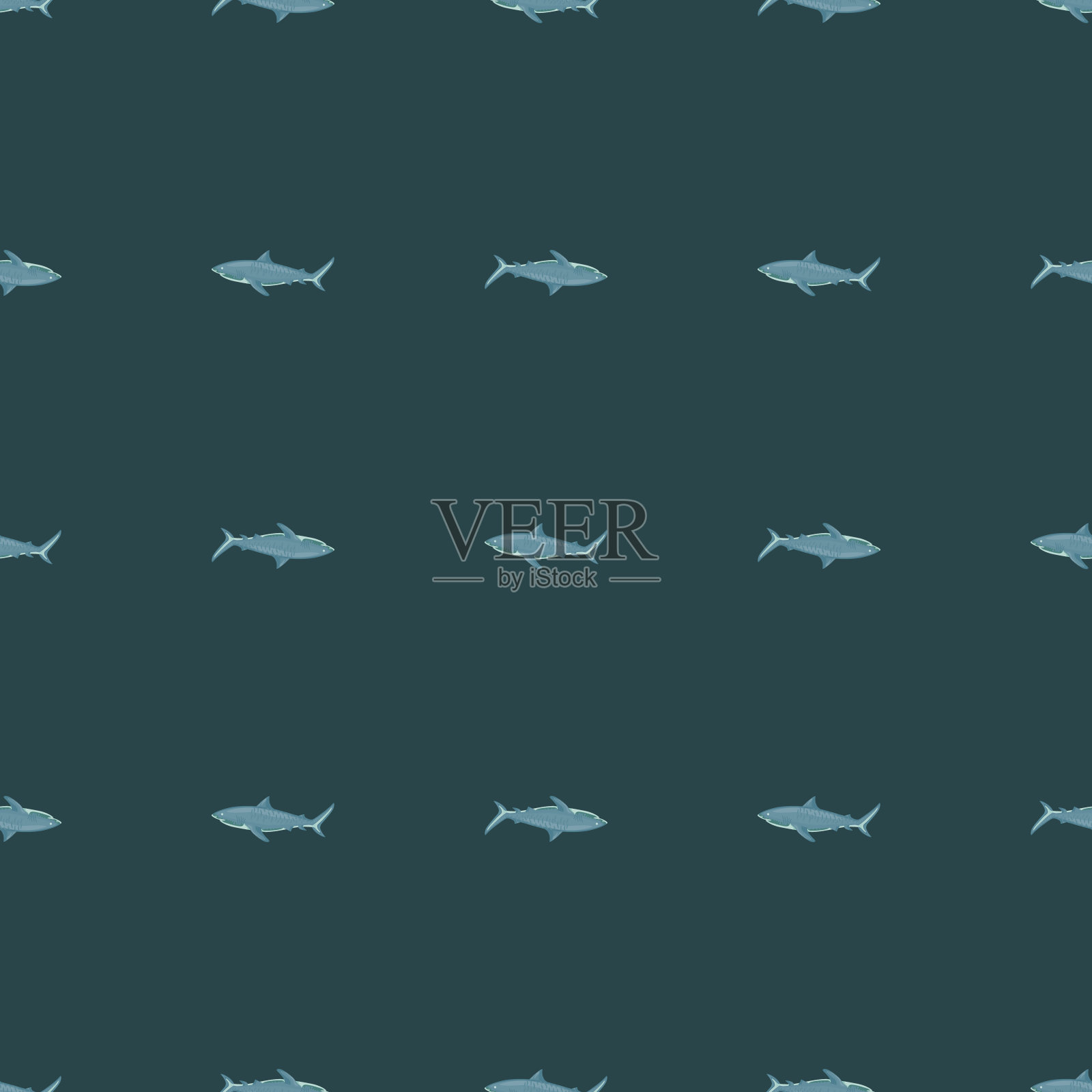 无缝图案虎鲨深绿色背景。灰色纹理的任何用途的海鱼。插画图片素材