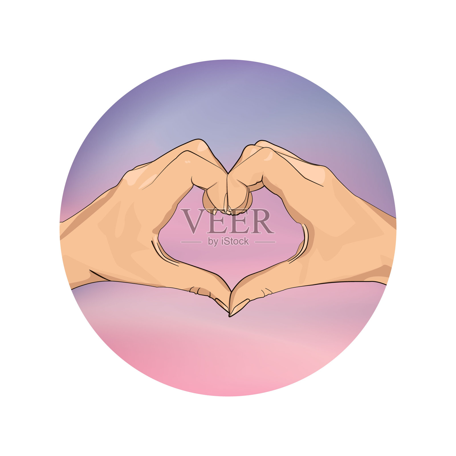 两只手堆叠在一个形状的心对背景模糊的背景天空插画图片素材