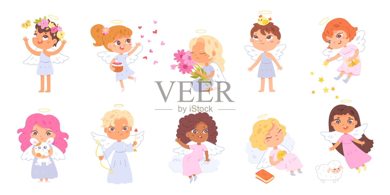 可爱的小天使集，滑稽的小天使在天空飞翔，丘比特拿着弓箭插画图片素材