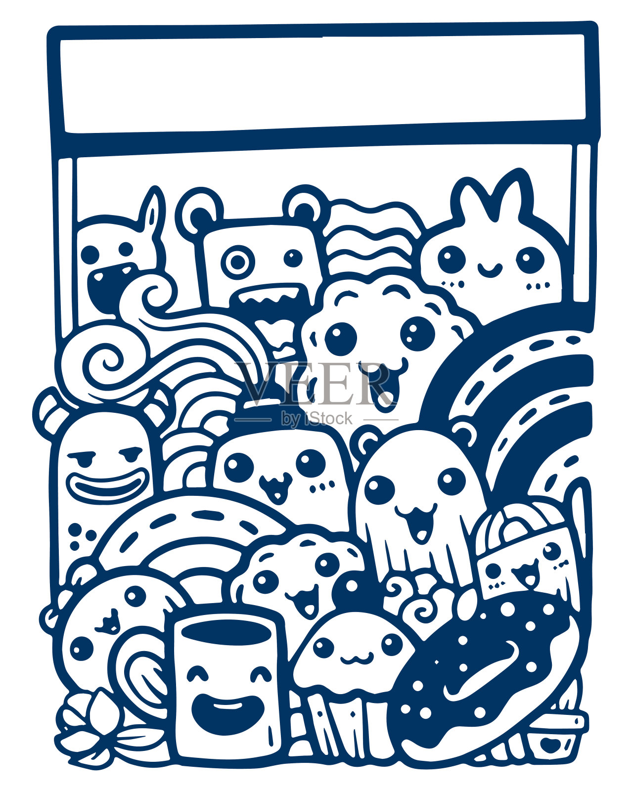 手绘涂鸦怪物与空白板孤立在白色的背景插画图片素材