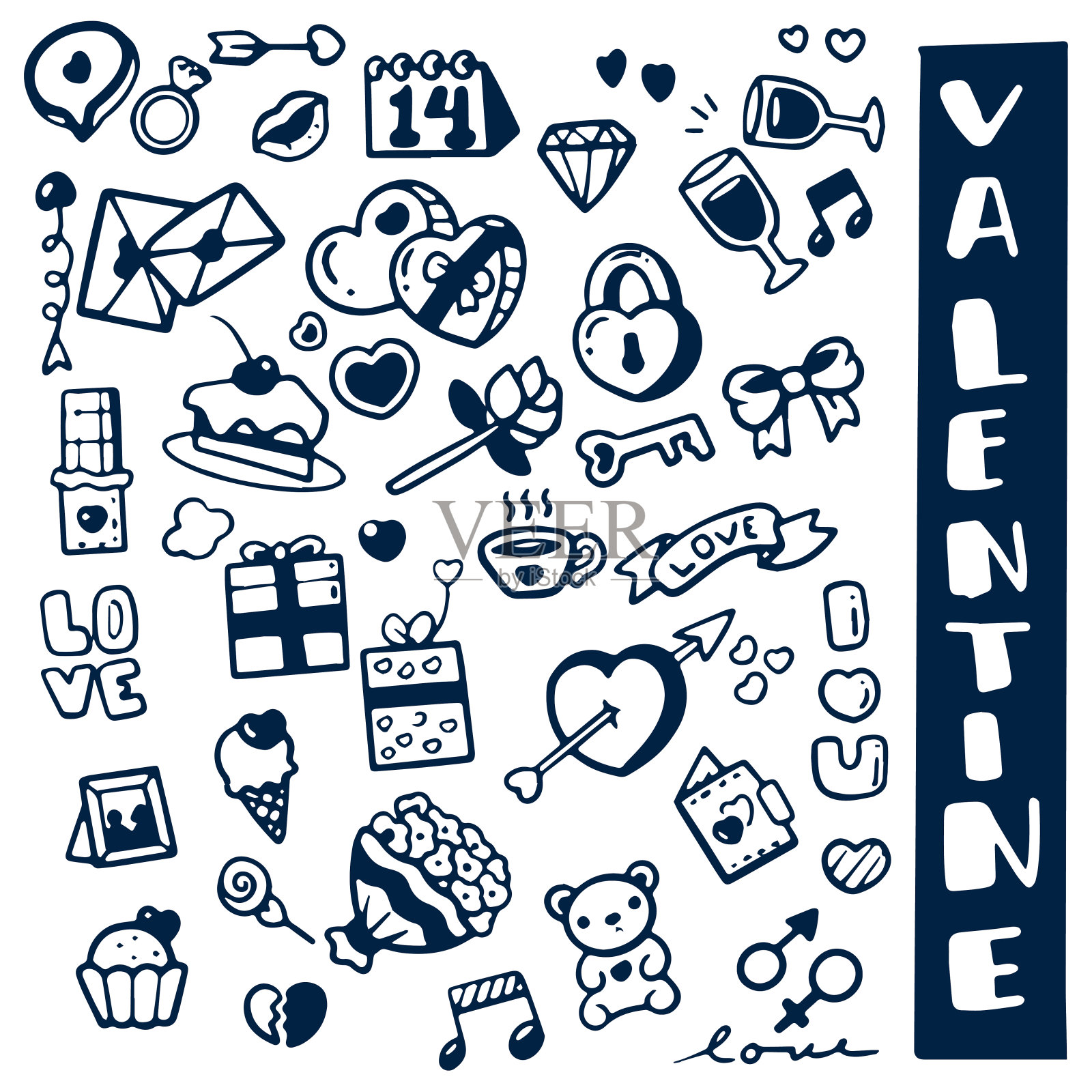 情人节涂鸦被隔离在白色背景上插画图片素材