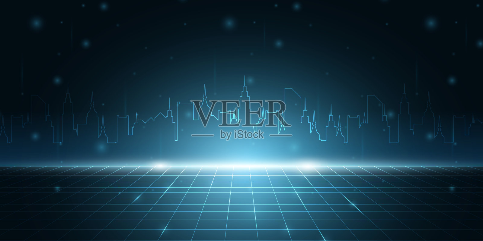 矢量夜晚城市景观霓虹灯。数字城市的网络与通信。插画图片素材