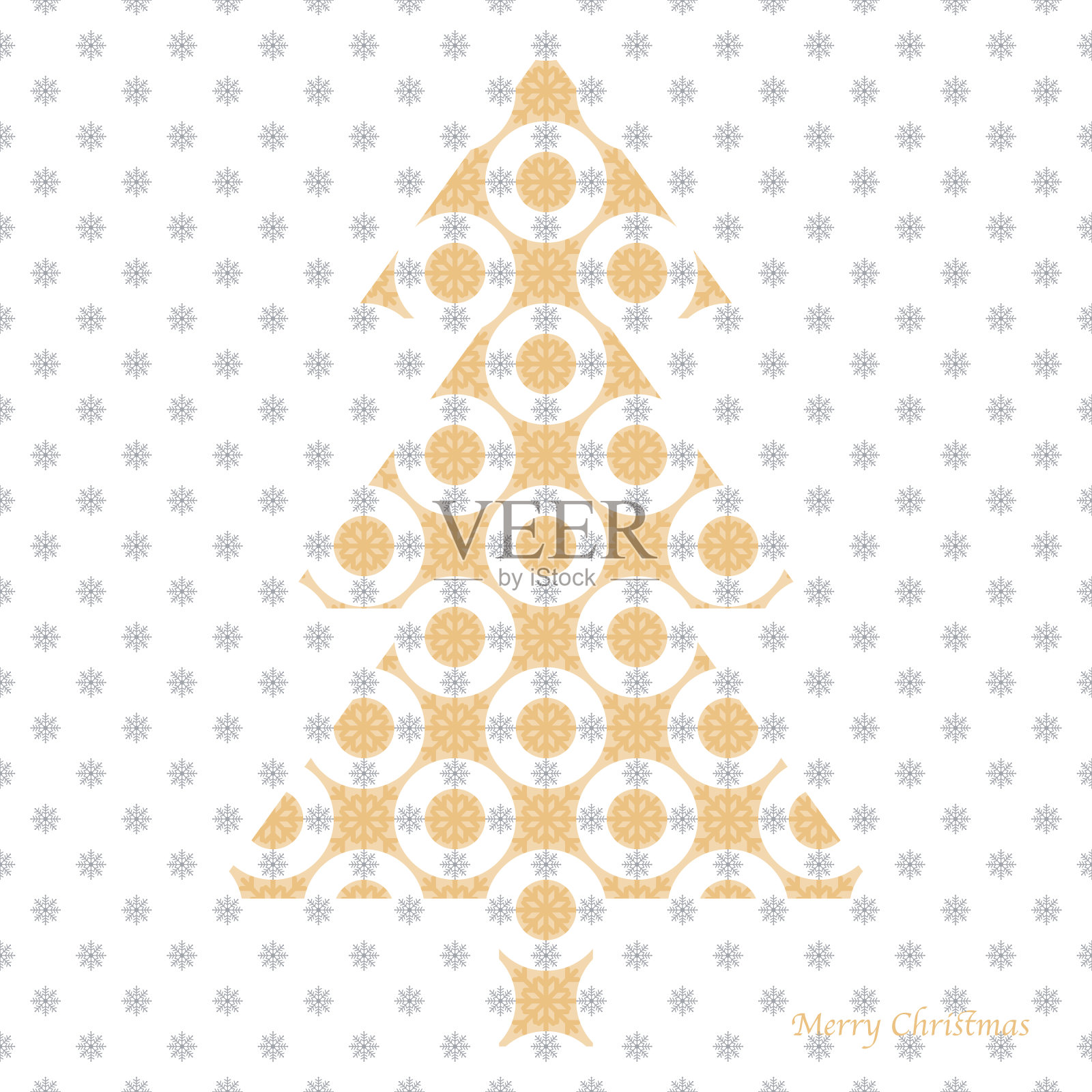 复古几何向量圣诞树与圆圈和雪花纹理在白色，软橙色和灰色。插画图片素材