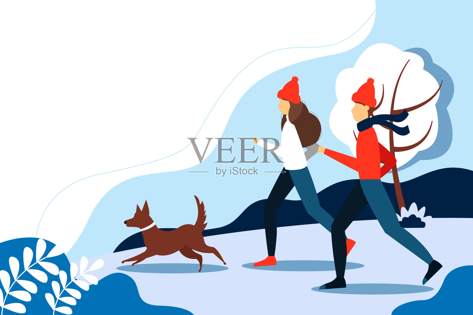 冬天，一个男人和一个女人带着狗在公园里奔跑。可爱的矢量插图在平坦的风格。插画图片素材