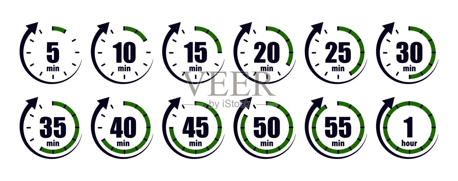 计时器的时钟与箭头。圆形秒表，快速交货。小时图标从5分钟到1小时。交易截止时间的滴答声。从5分钟到55分钟的轮休。向量图标素材