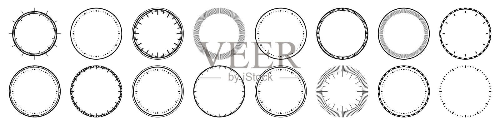 机械时钟面，面板。手表表盘上有分和小时标记。计时器或秒表元素。带分区的空白测量圆刻度。矢量图插画图片素材