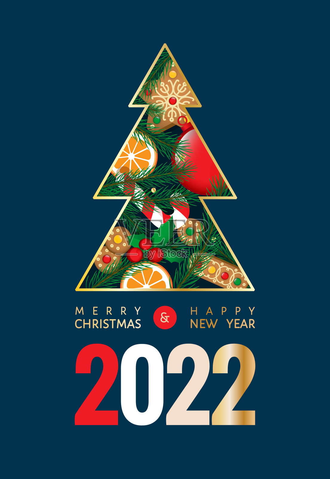 圣诞快乐，2022年新年快乐卡片与冷杉树插画图片素材