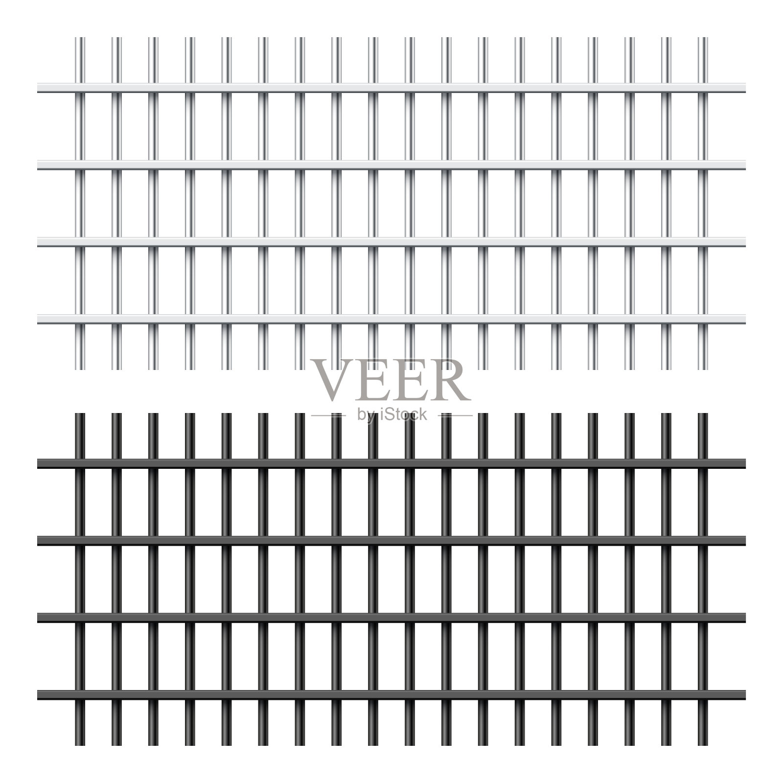 现实的黑色和银色金属监狱栅栏隔离在白色的背景。详细监狱牢笼，监狱铁栅栏。犯罪背景模型。创造性的矢量图插画图片素材