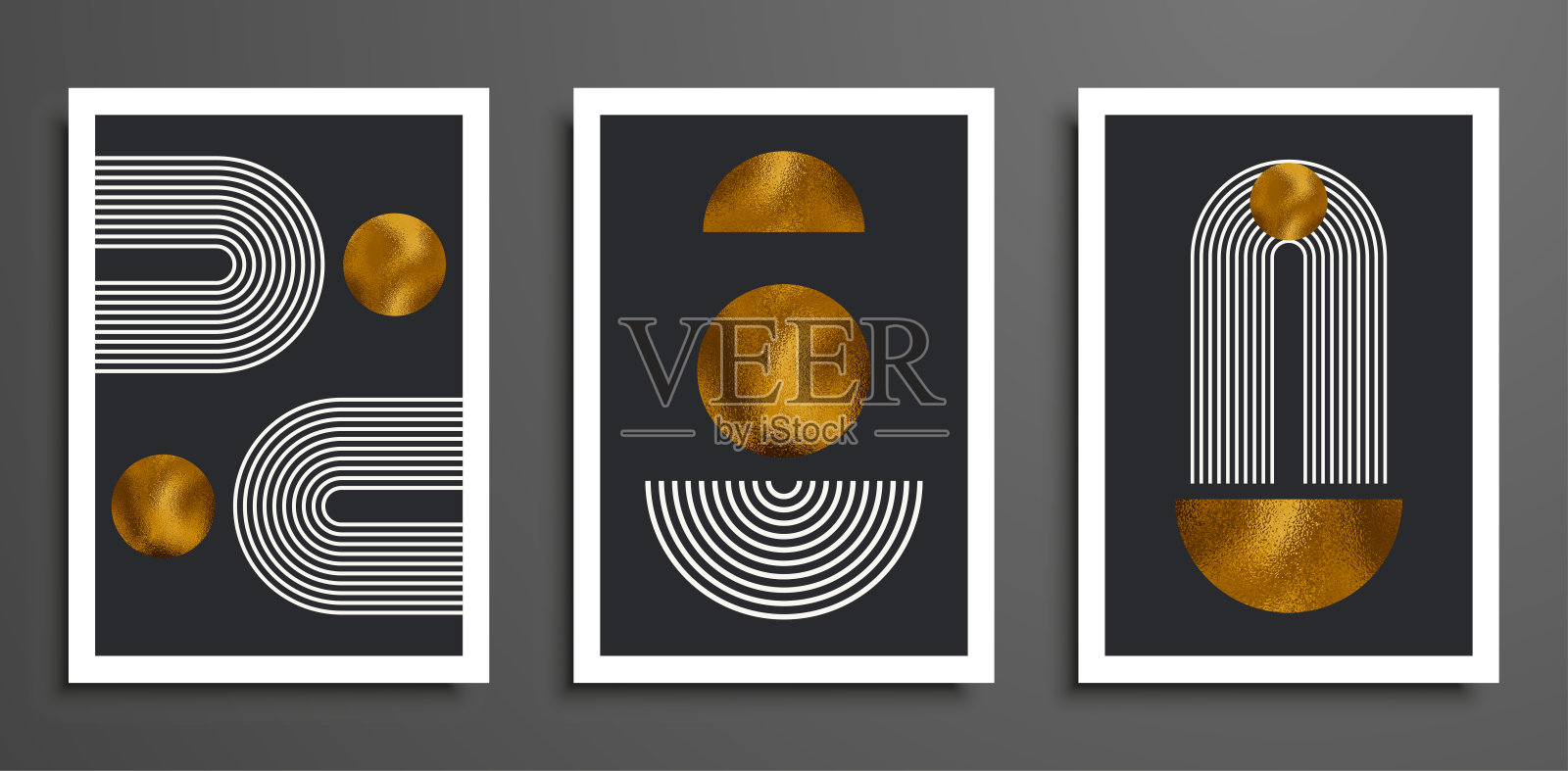 一套现代极简主义中世纪风格的抽象背景。墙壁艺术打印设计。简单的几何形状。波西米亚线拱，纹理圆，太阳，月亮，彩虹。黄金圈纹理。插画图片素材