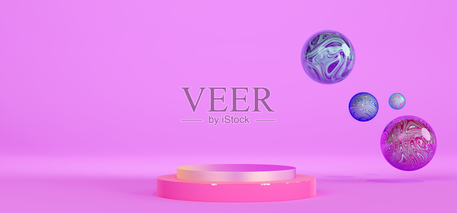 流动的多色球体和基座。粉色的讲台和粉色背景上的条纹球体。一个货架的抽象背景与产品，3d渲染插画图片素材